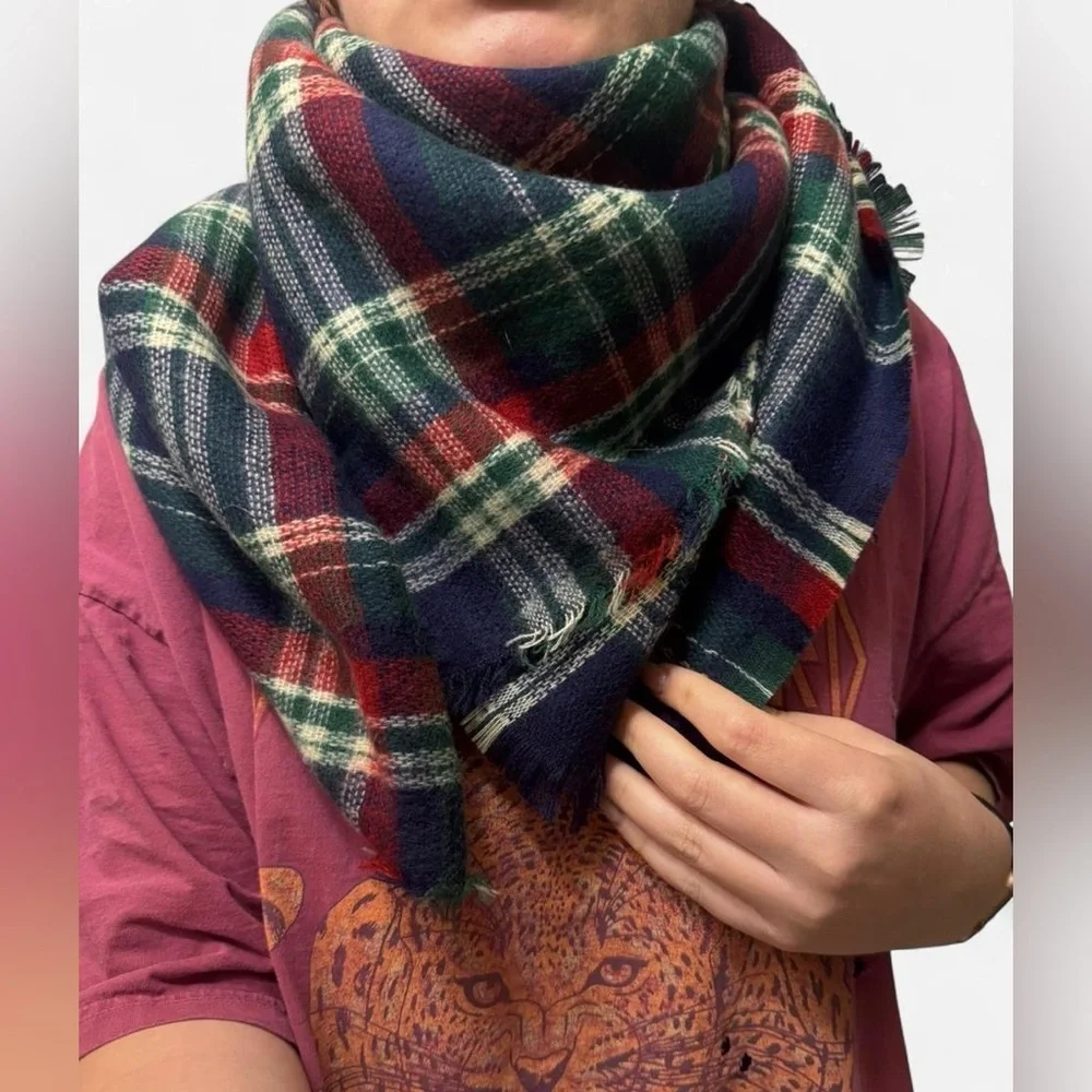 Navy blue and red plaid blanket scarf